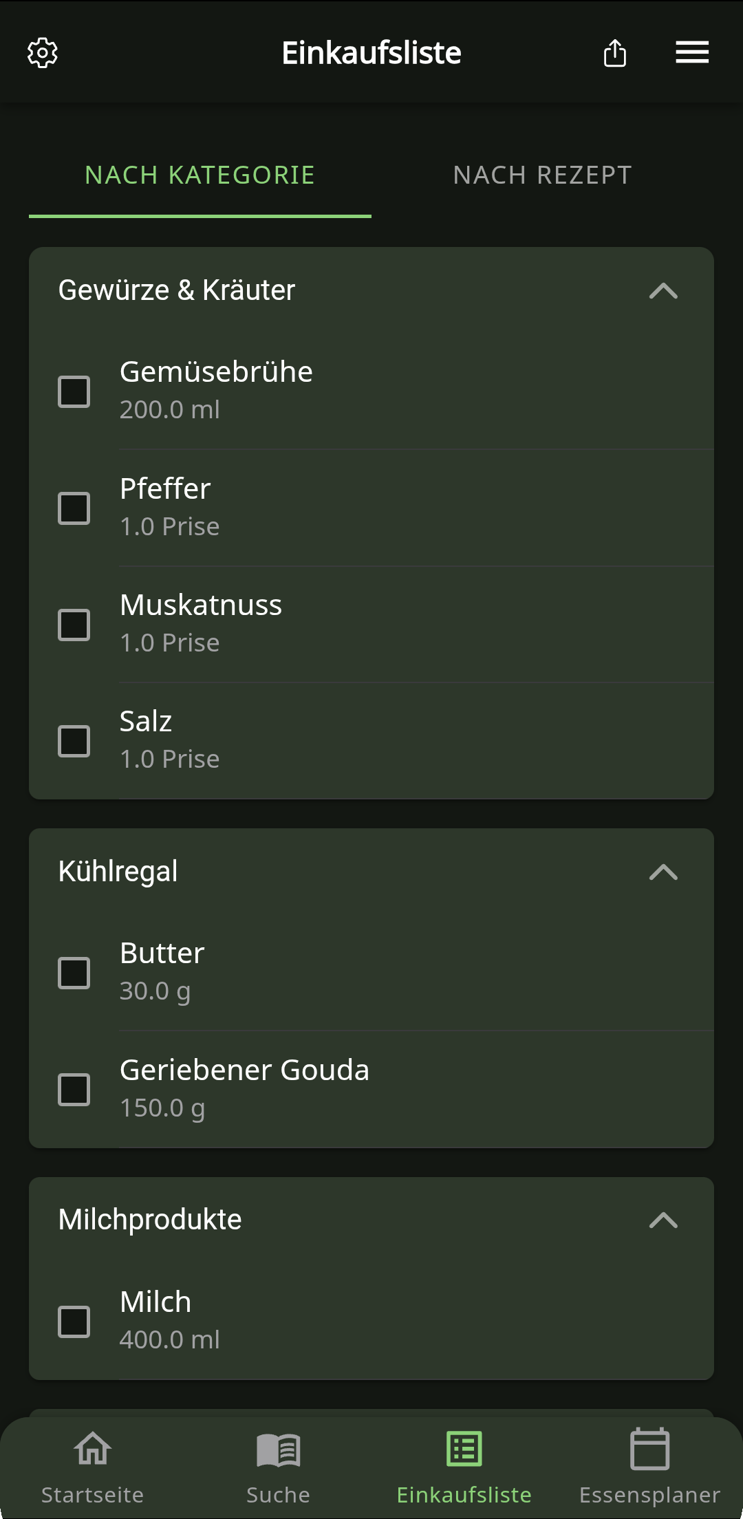 Screenshot einer automatisch generierten Einkaufsliste.