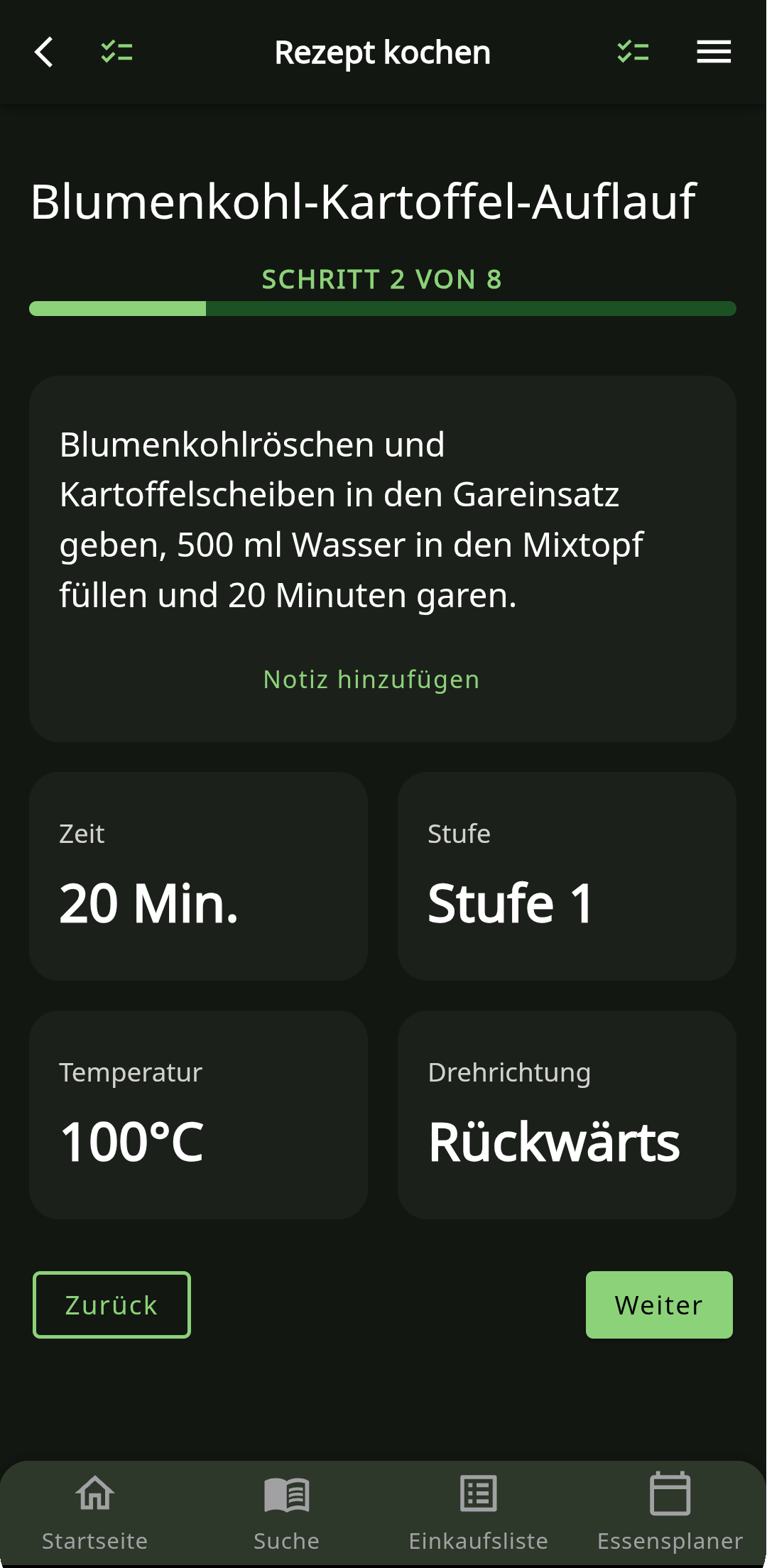 Screenshot des Kochmodus mit Schritt-für-Schritt-Anleitung.